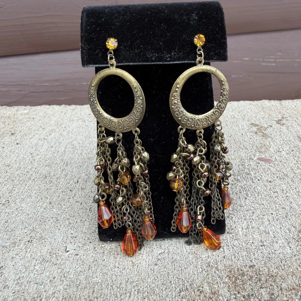 Boho Amber Chandelier Earrings‎ Antique Gold Tone Filigree Dangle Beade